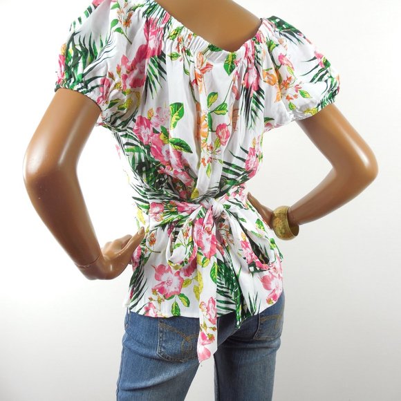 NEW YORK & CO Top M NWT White Floral On & Off the Shoulder Wrap Blouse Tie Waist - Picture 8 of 13